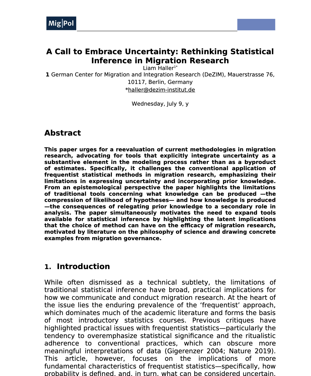 Image for A Call to Embrace Uncertainty: Rethinking Statistical Inference in Migration Research